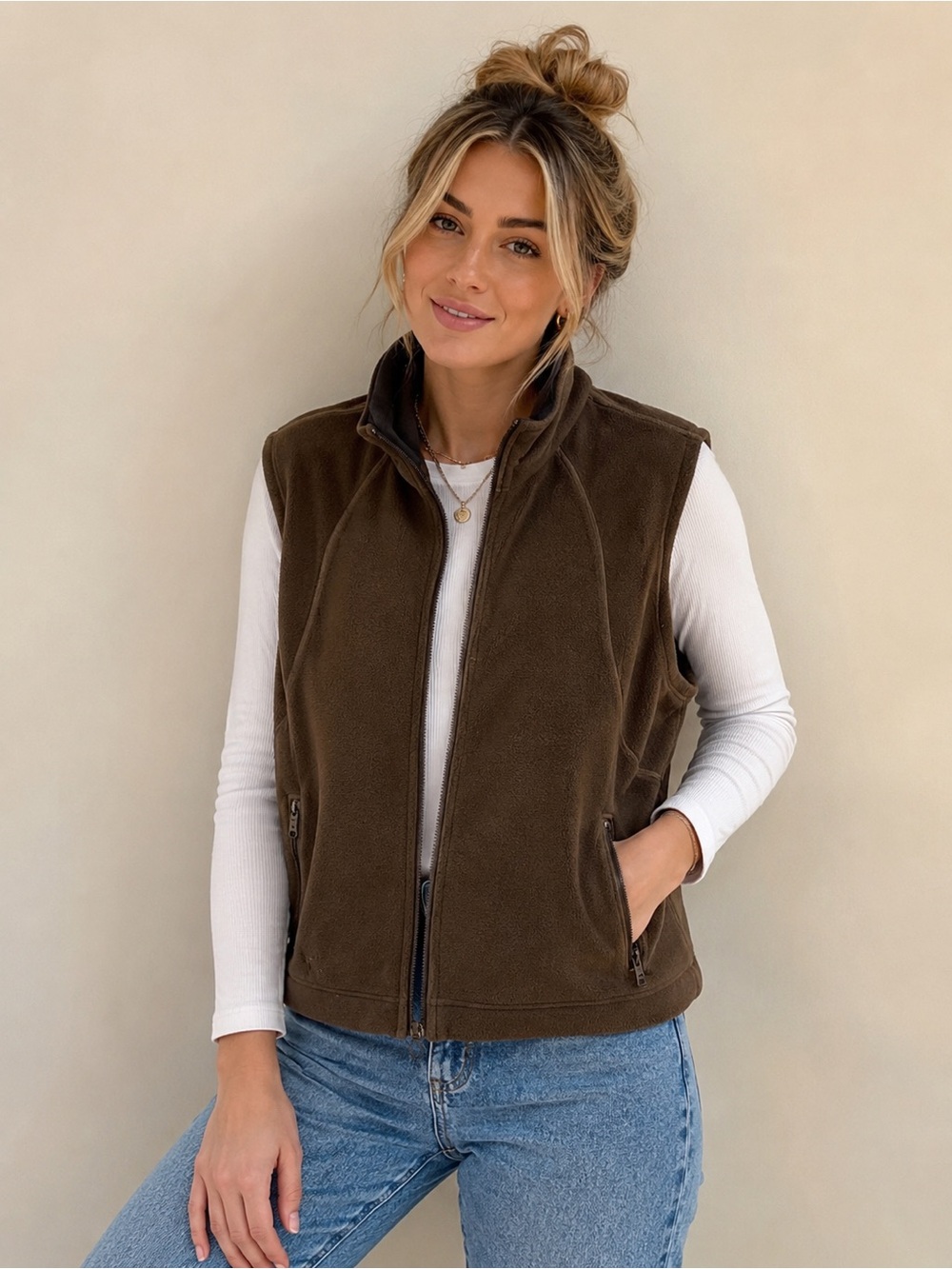 Columbia Sportswear Company Womens Full Zip Brown Fleece Sweater Vest Sz XL